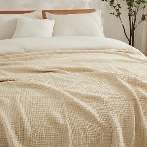 EMME Large Cotton Muslin 50”x 70” Throw Blanket Light Tan  NEW